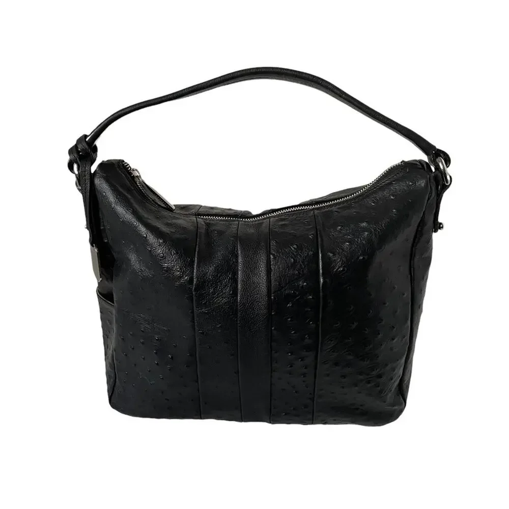 Furla Soho Hobo Bag Leather Shoulder Top Handle Ostrich Embossed $398 Black EUC